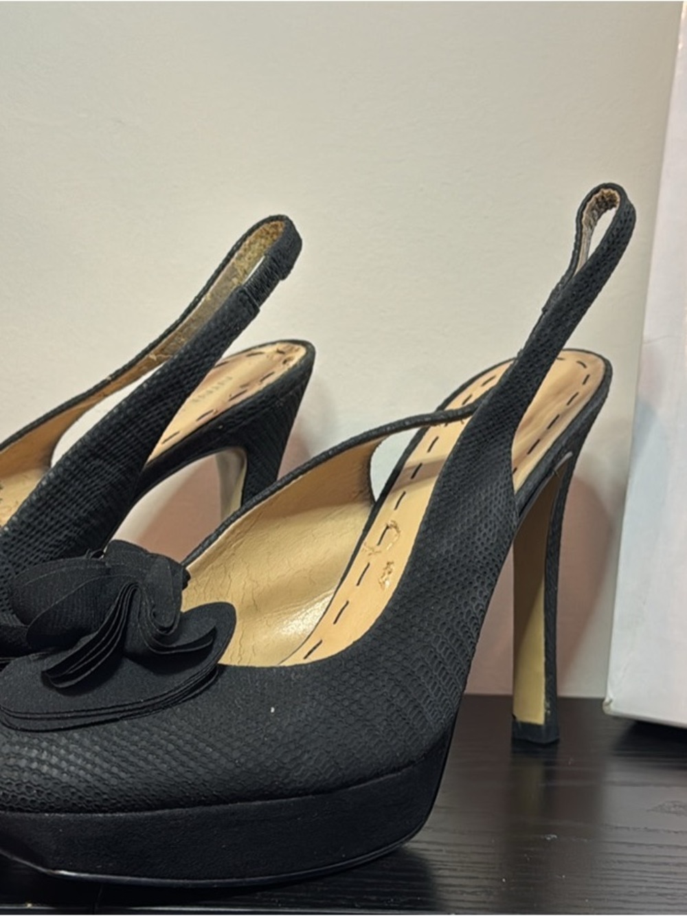 Nine West Black Slingback Platform Pumps with Flower Detail